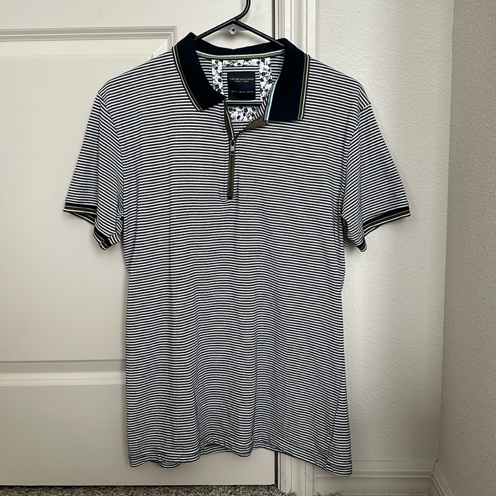 Denim & Flower Striped Polo with Zipper